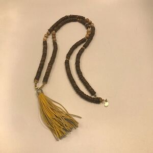 Betsy Pittard Design bpd wood bead necklace, yellow tassel statement boho